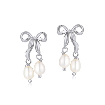 Freshwater Pearl Silver Bow Dangle Earrings - Alice