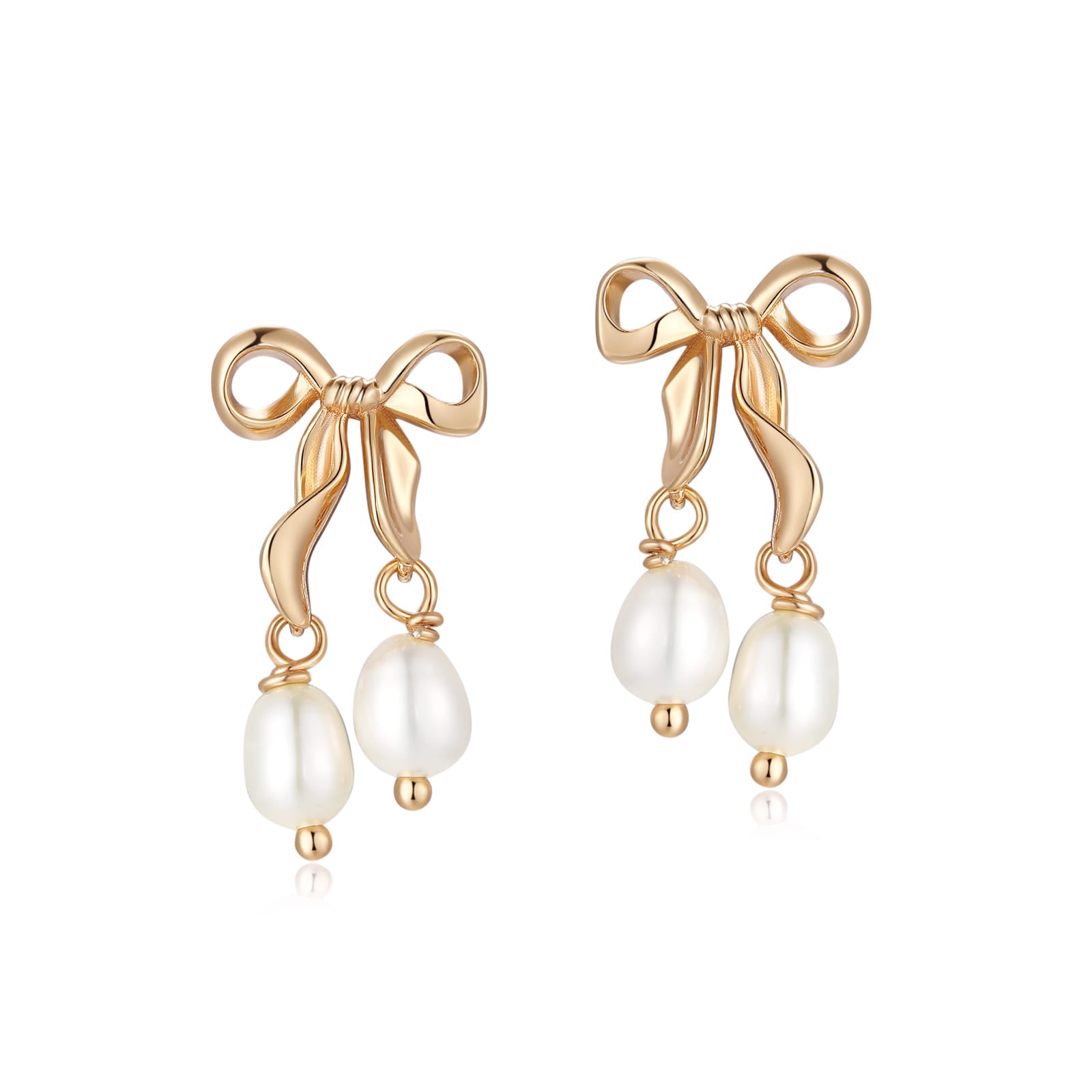 Freshwater Pearl Gold Bow Dangle Earrings - Alice
