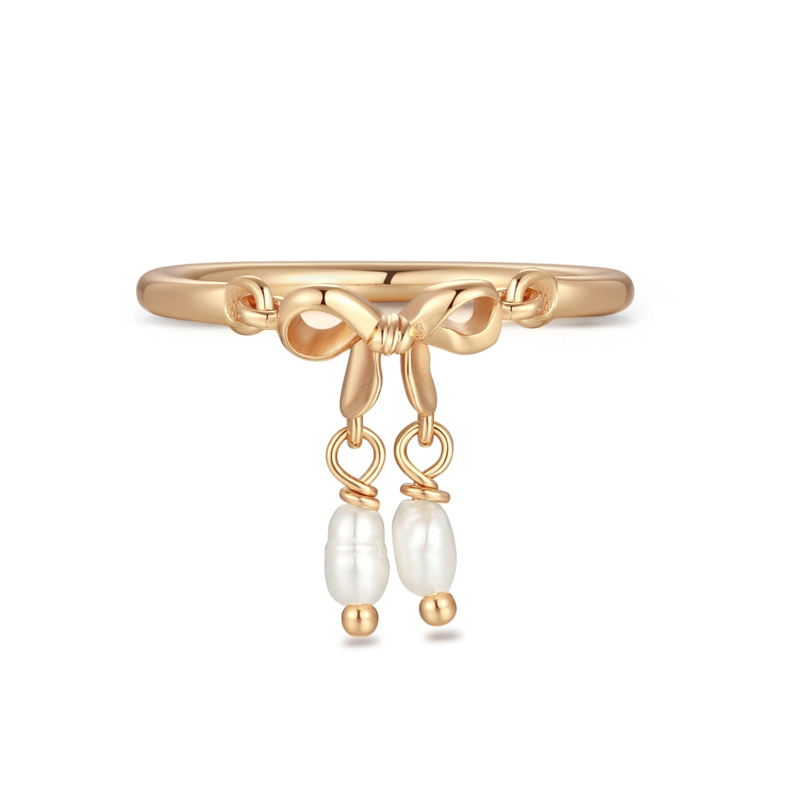 Freshwater Pearl Gold Bow Dangle Ring - Alice