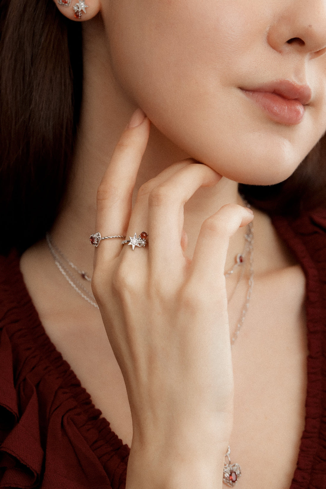 Garnet & Pearl Silver Star Ring - Lullaby