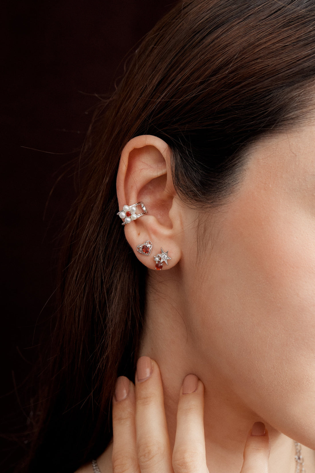 Garnet & Pearl Silver Star Stud Earrings - Lullaby