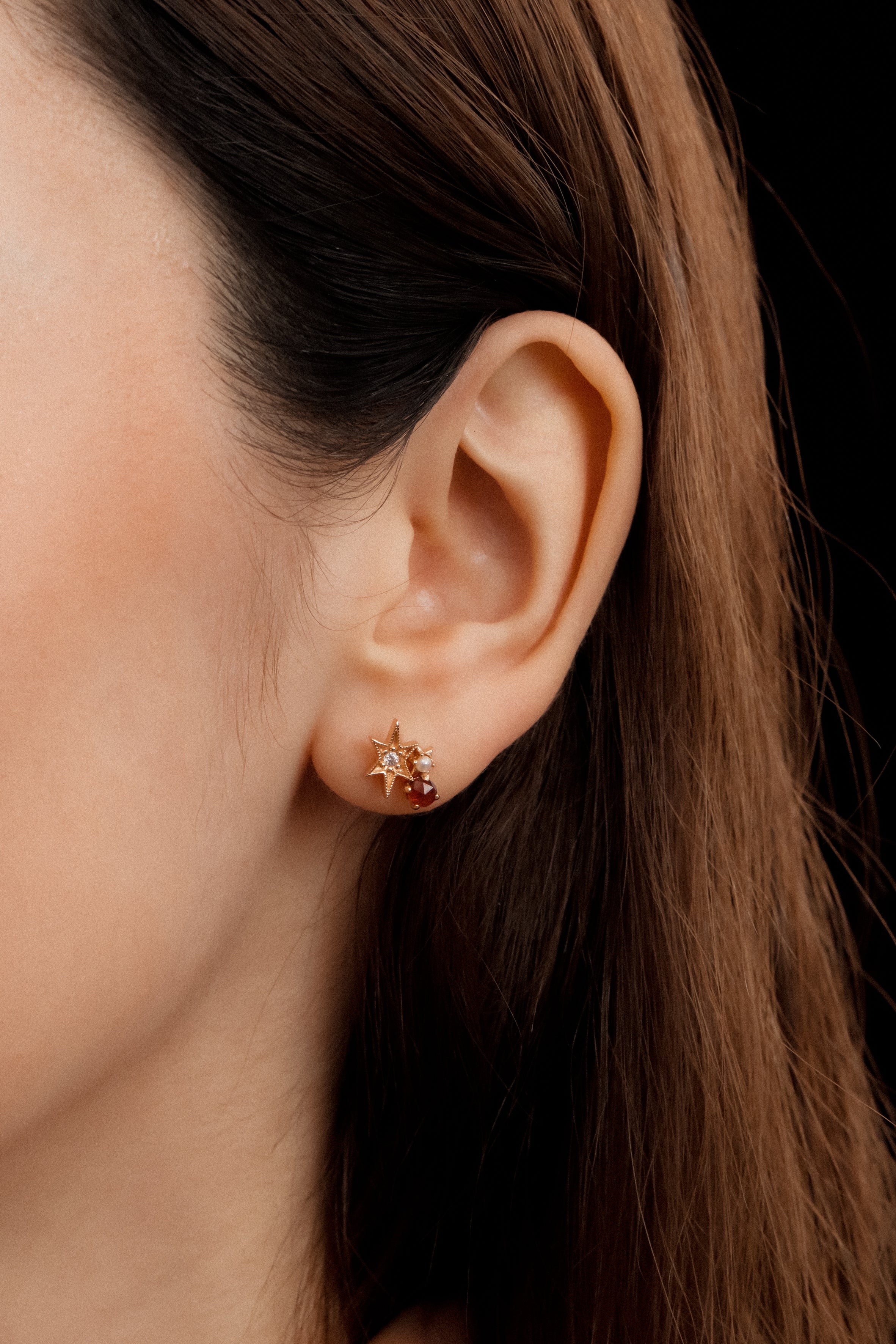 Garnet & Pearl Gold Star Stud Earrings - Lullaby