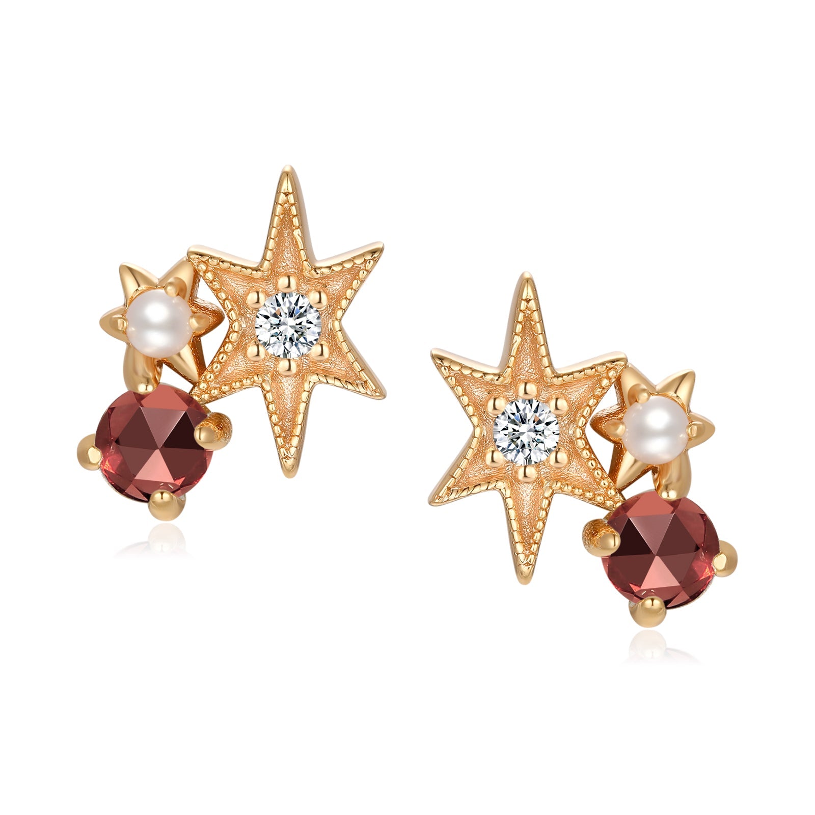 Garnet & Pearl Gold Star Stud Earrings - Lullaby