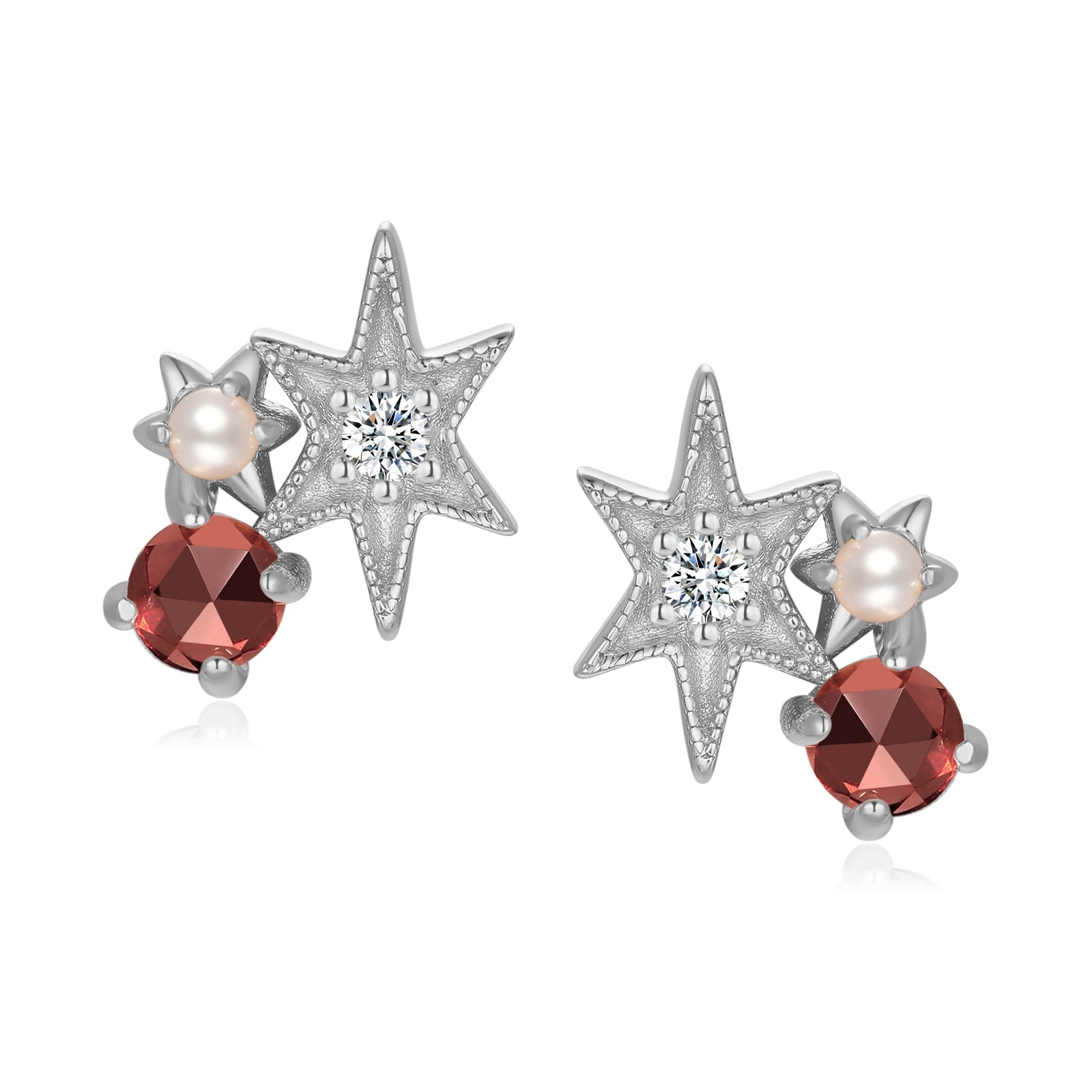 Garnet & Pearl Silver Star Stud Earrings - Lullaby