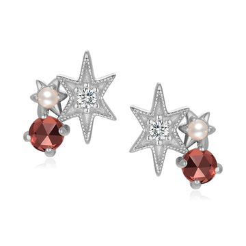 Garnet & Pearl Silver Star Stud Earrings - Lullaby