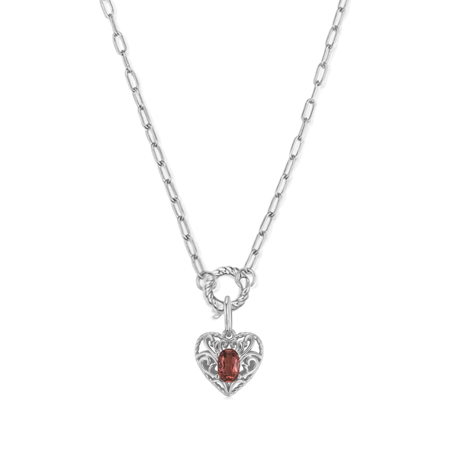 Garnet Silver Heart Link Chain Necklace - Majesty