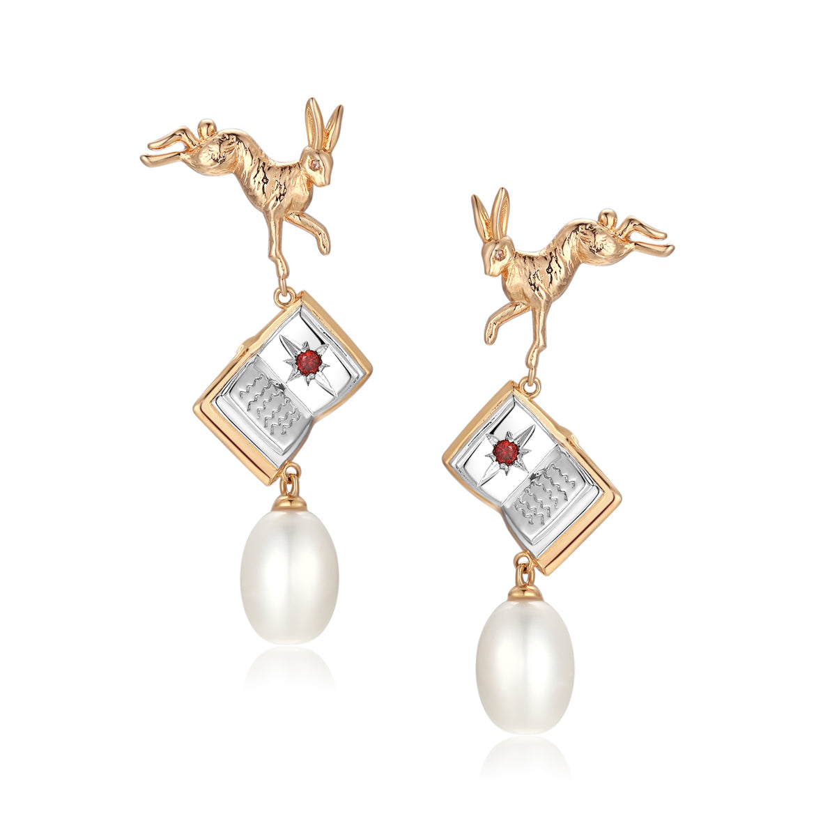 Freshwater Baroque Pearl Gold Leaping Rabbit & Story Book Earrings