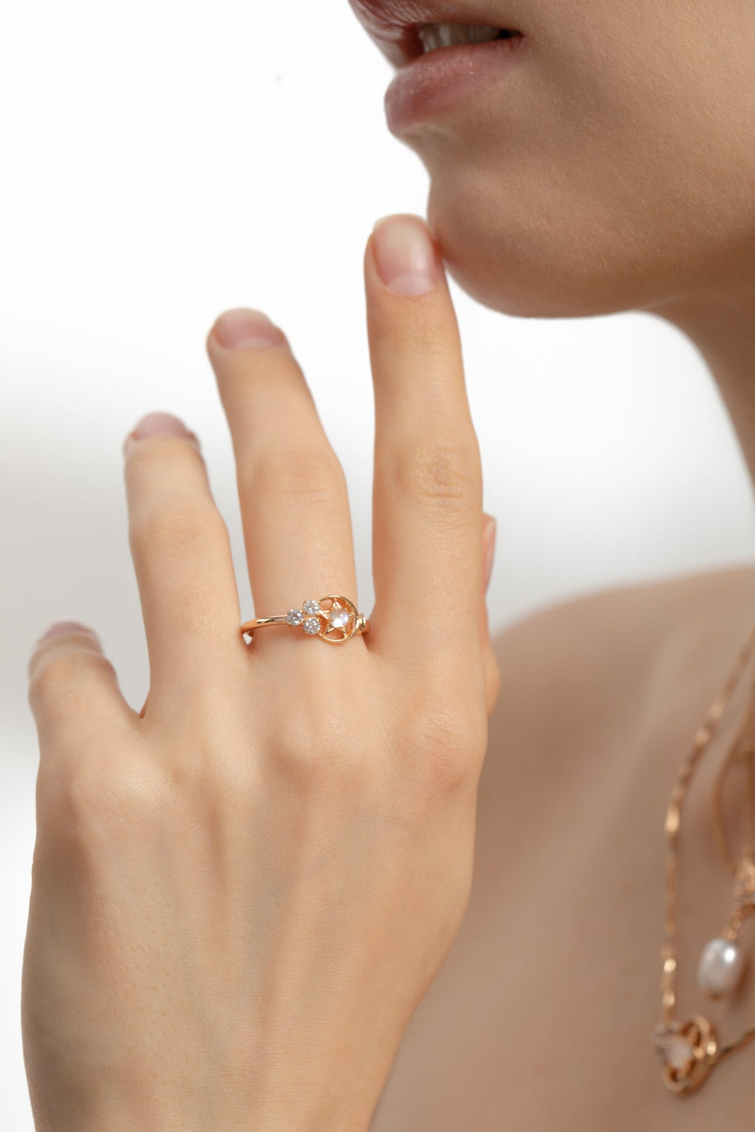 Moonstone Gold Moon & Star Ring - Celeste