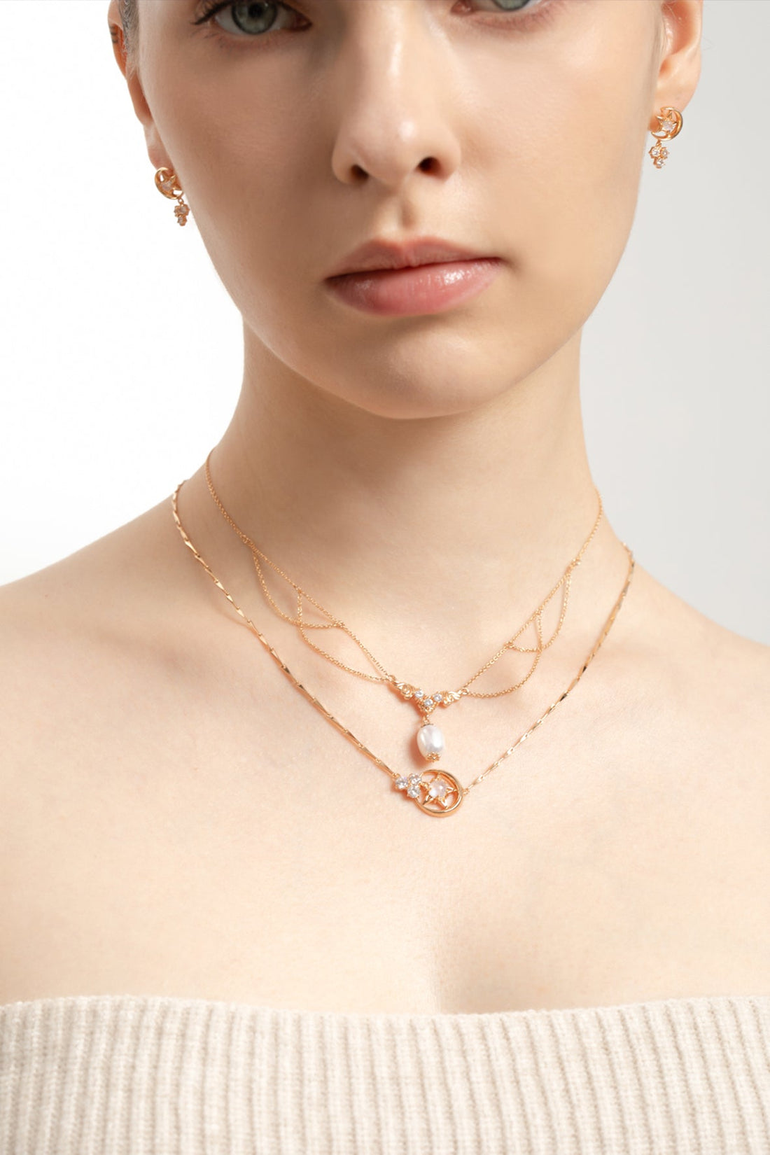 Moonstone Gold Moon & Star Necklace - Celeste