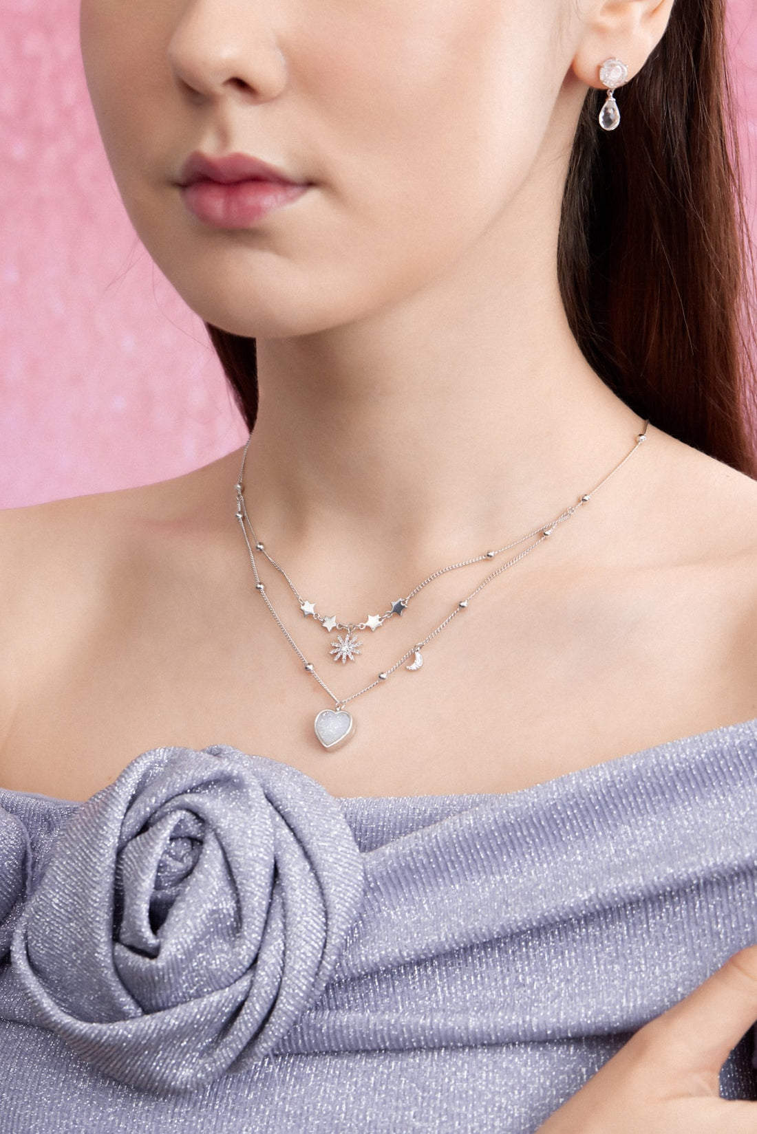White Druzy Silver Layered Necklace - Love Note