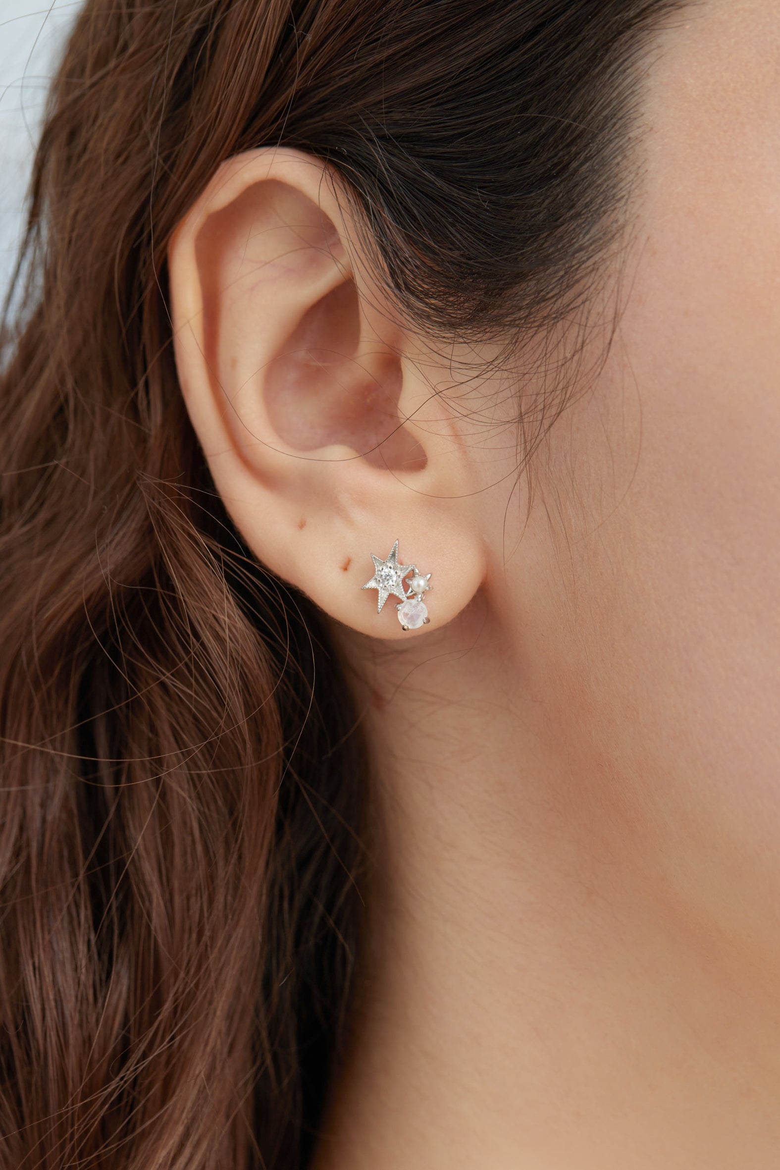 Moonstone & Pearl Silver Star Stud Earrings - Lullaby