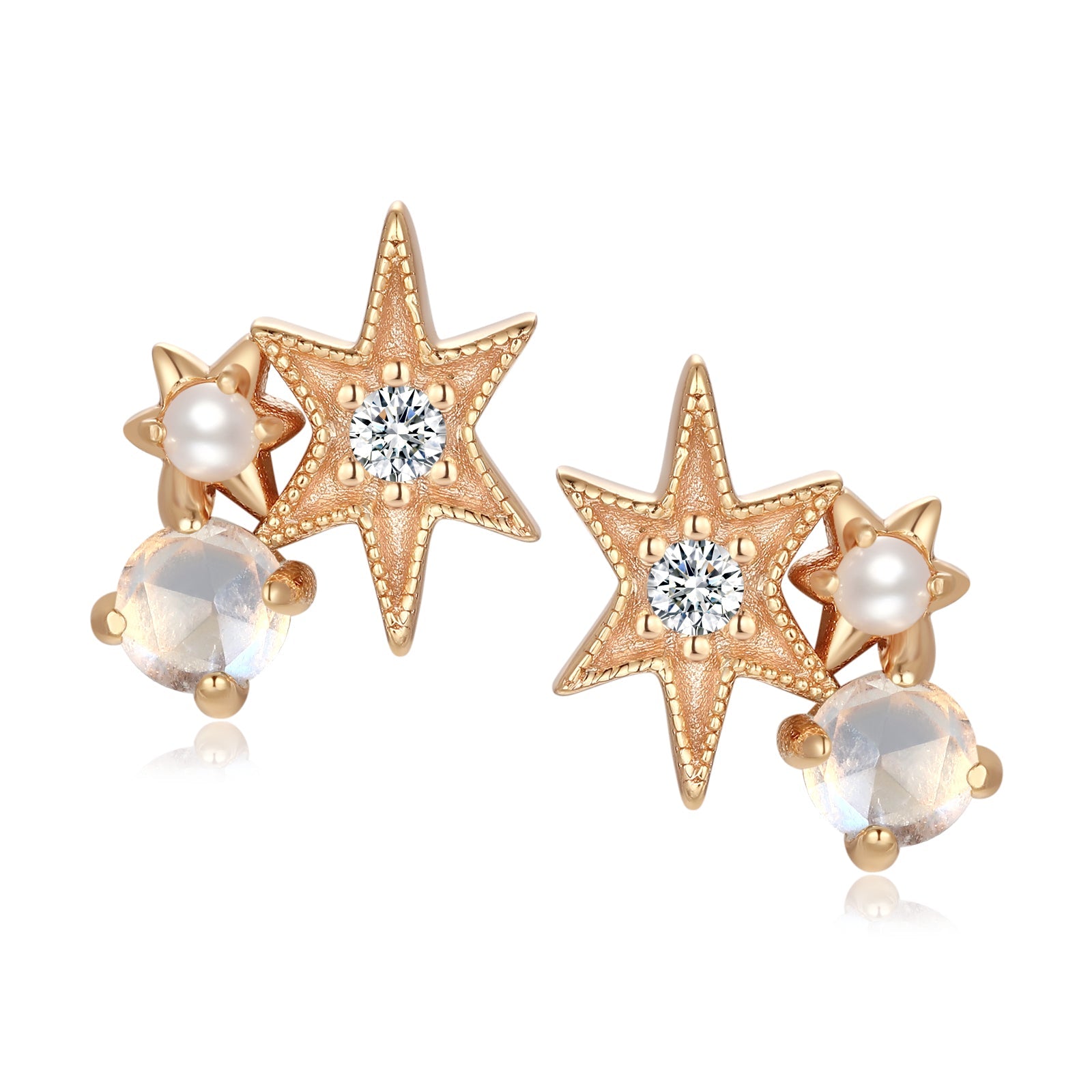 Moonstone & Pearl Gold Star Stud Earrings - Lullaby