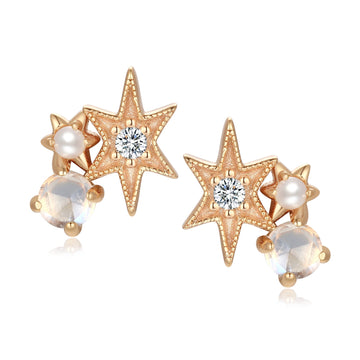 Moonstone & Pearl Gold Star Stud Earrings - Lullaby