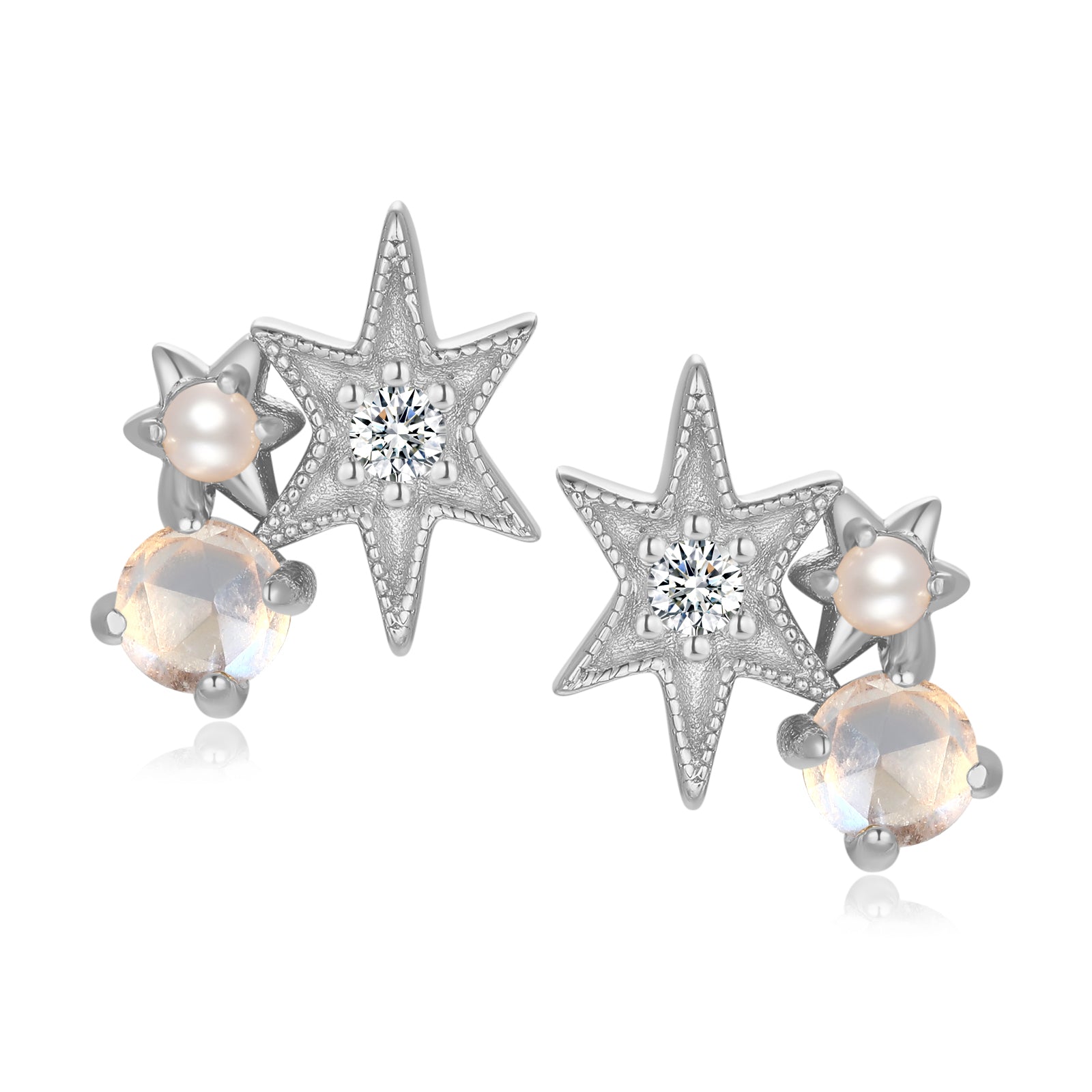Moonstone & Pearl Silver Star Stud Earrings - Lullaby
