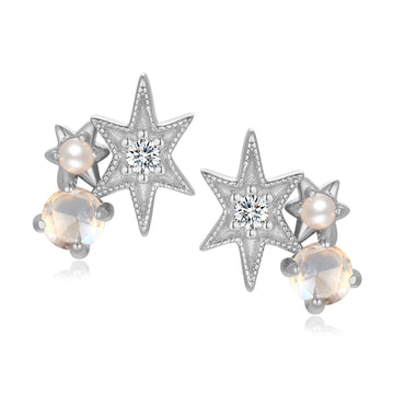 Moonstone & Pearl Silver Star Stud Earrings - Lullaby