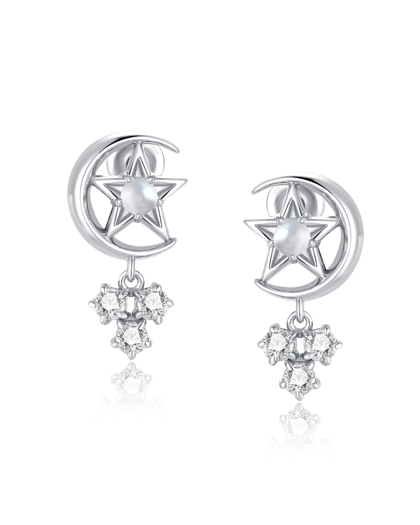 Moonstone Silver Moon & Star Earrings - Celeste