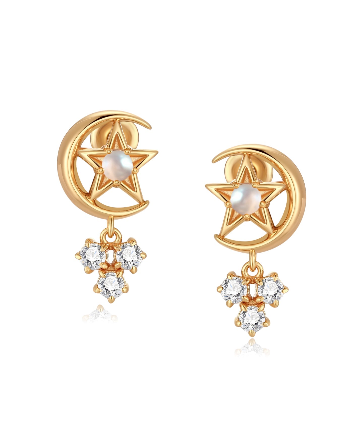 Moonstone Gold Moon & Star Earrings - Celeste