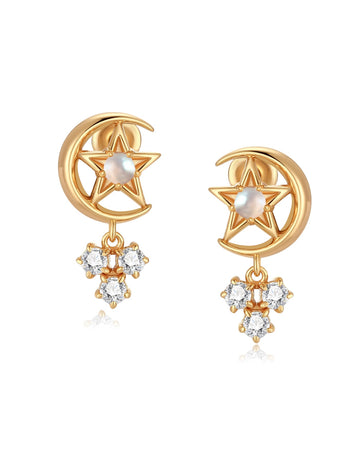 Moonstone Gold Moon & Star Earrings - Celeste