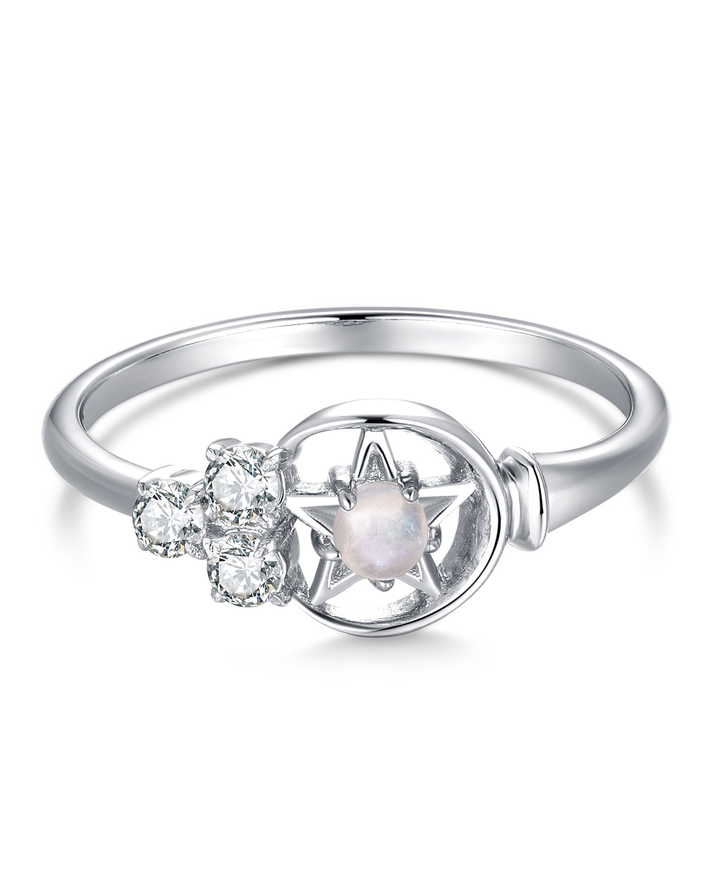 Moonstone Silver Moon & Star Ring - Celeste