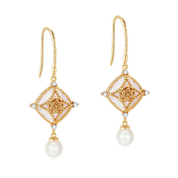 Moonstone & Freshwater Pearl Gold Earrings - Water Lily