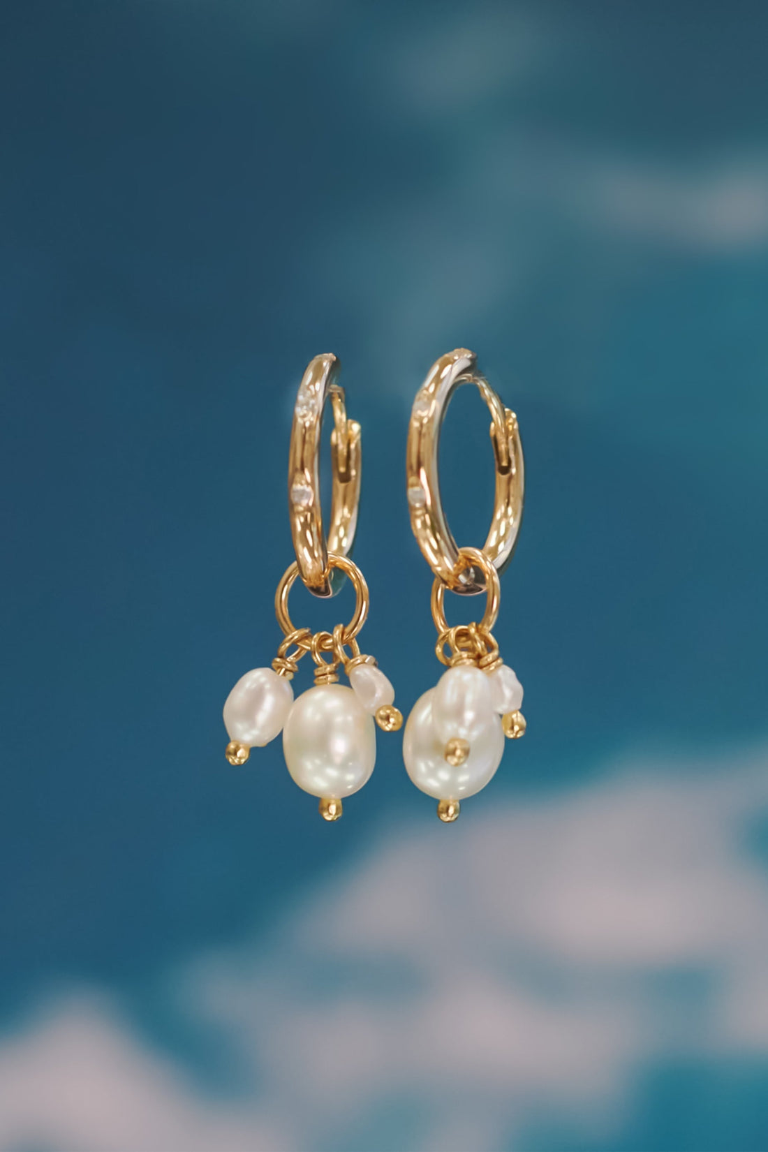 Triple Pearls Gold Huggie Hoop Earrings