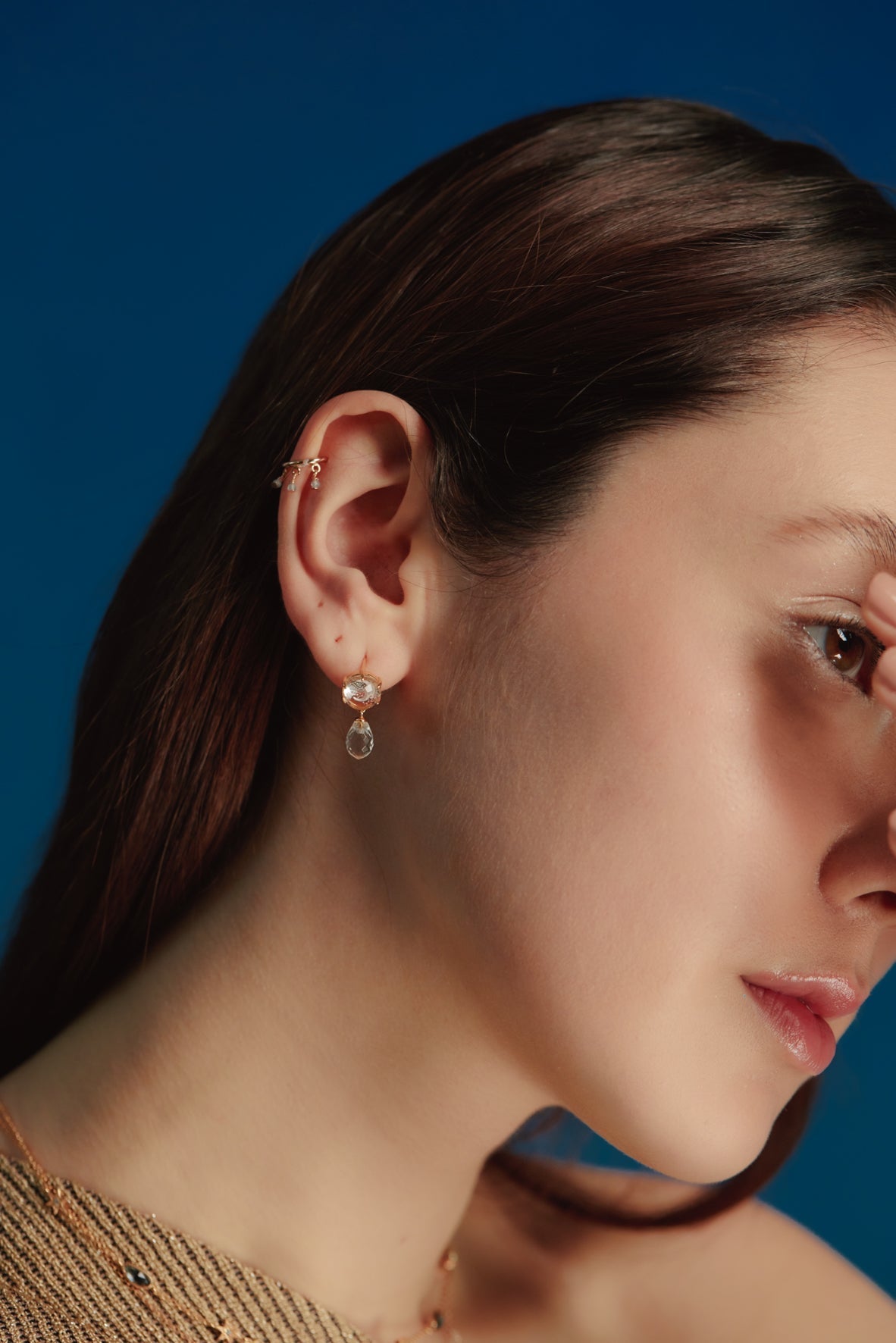 Clear Quartz Gold Crescent Moon Dangle Earrings - Dreamy