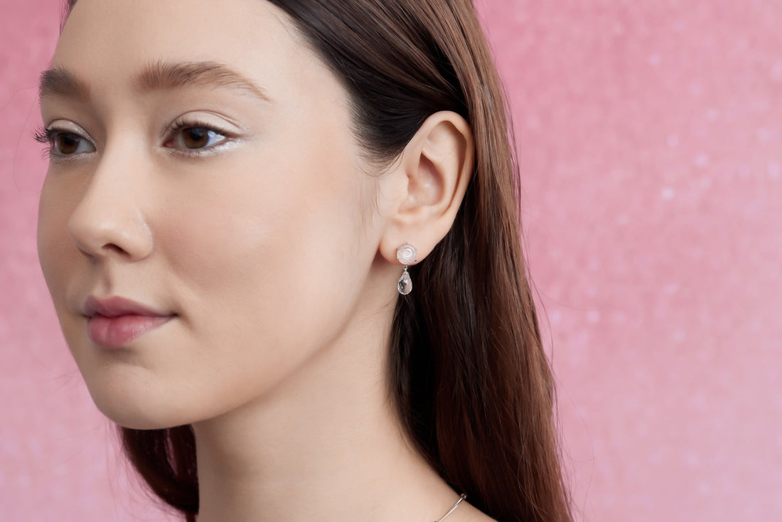 Clear Quartz Silver Crescent Moon Dangle Earrings - Dreamy