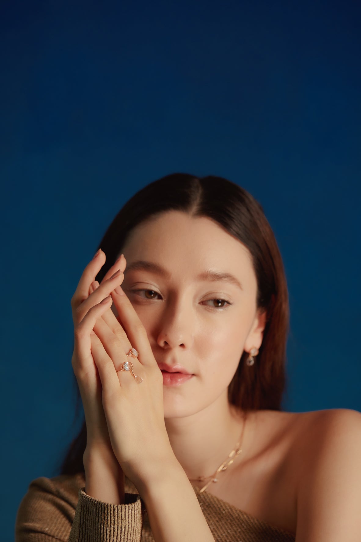 Clear Quartz Gold Crescent Moon Dangle Ring - Dreamy