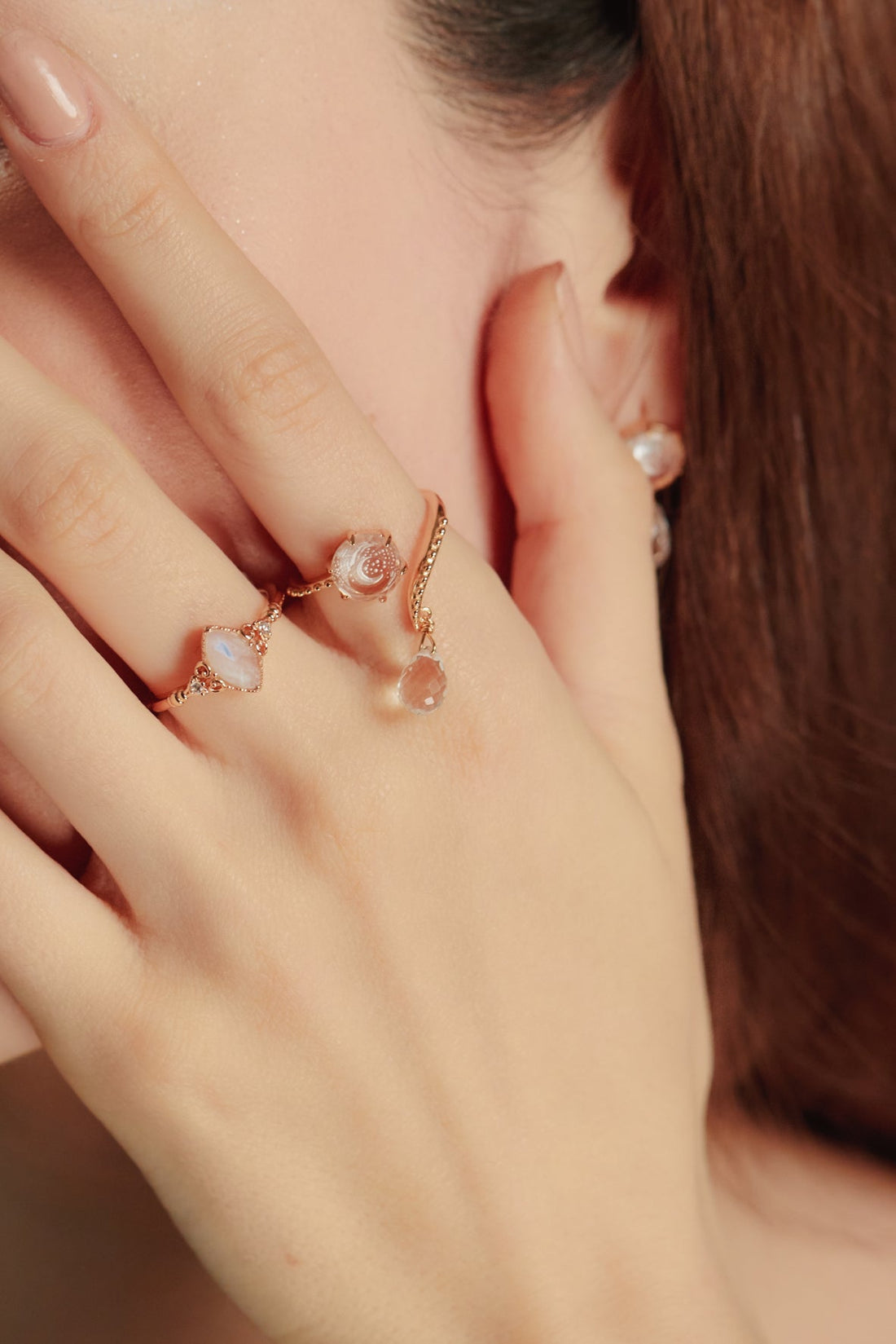 Clear Quartz Gold Crescent Moon Dangle Ring - Dreamy