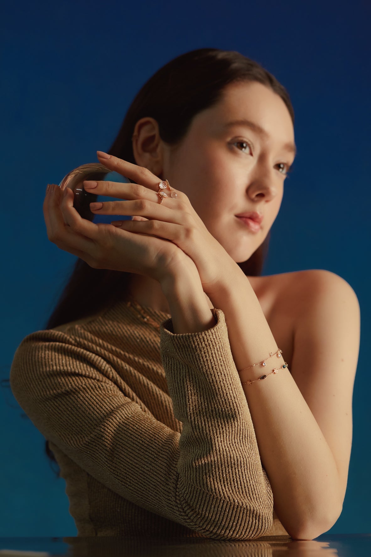 Clear Quartz Gold Crescent Moon Dangle Ring - Dreamy