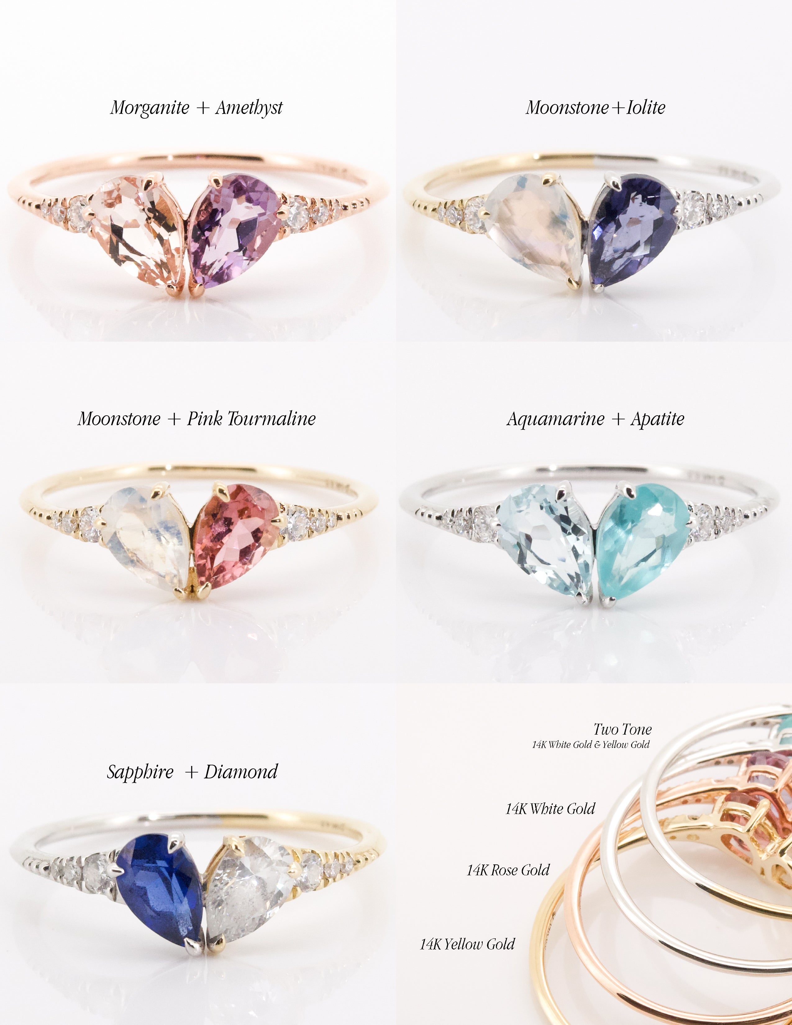 14K Yellow Gold Heart Shaped Ring -  Toi et Moi