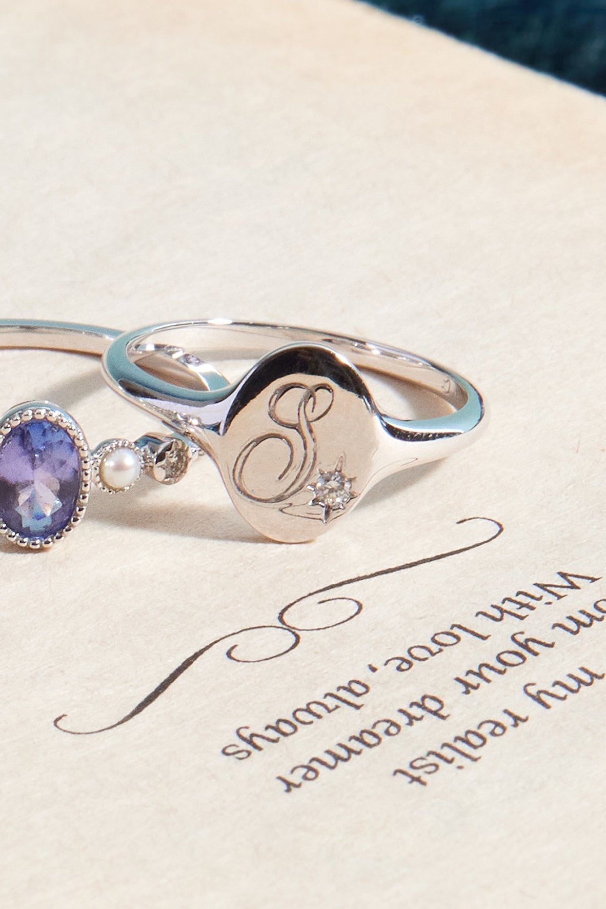 Heirloom 14K White Gold Initial Diamond Signet Ring