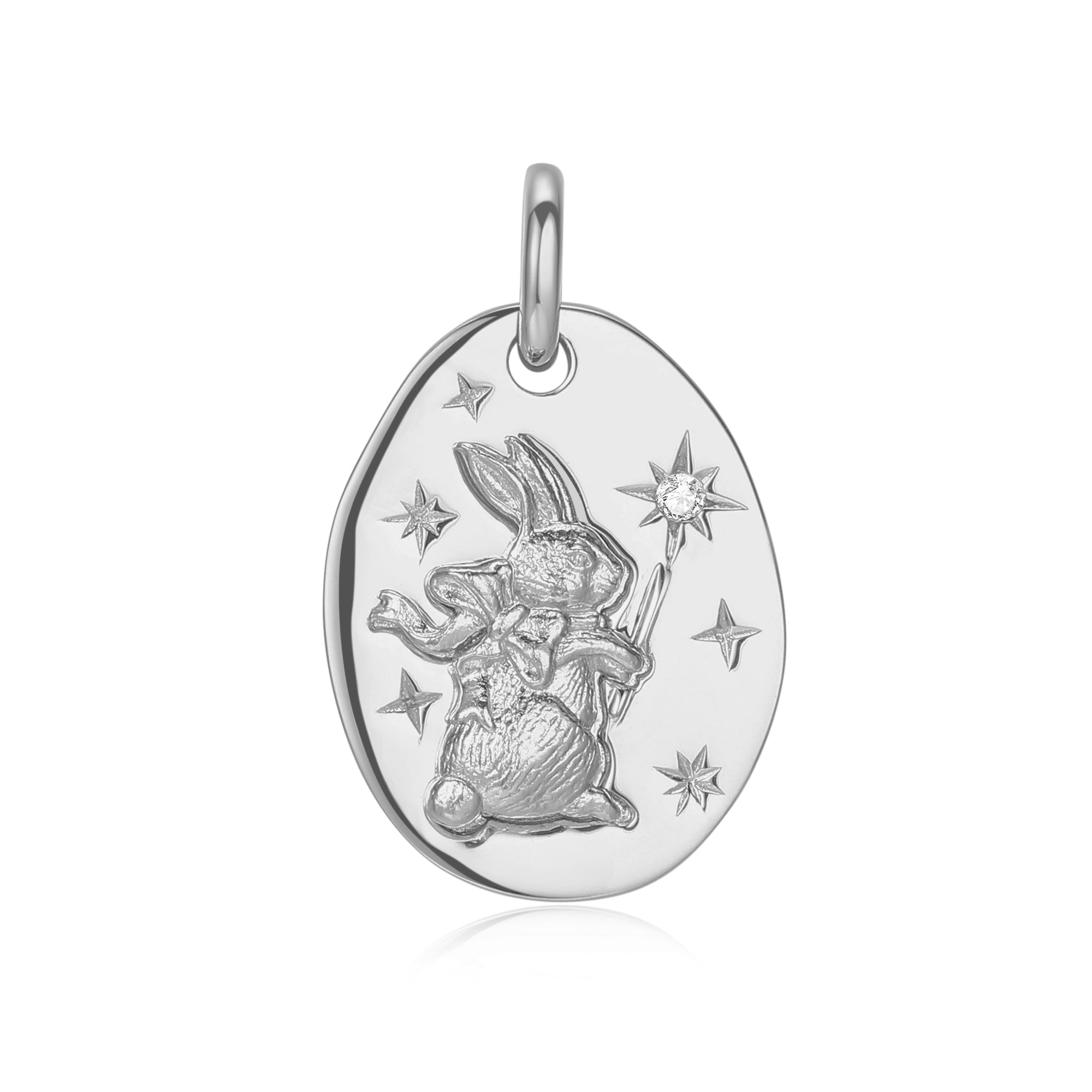 Mr White Rabbit with Magic Wand Silver Pendant